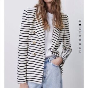 Zara Dark Blue and White Striped Nautical Blazer